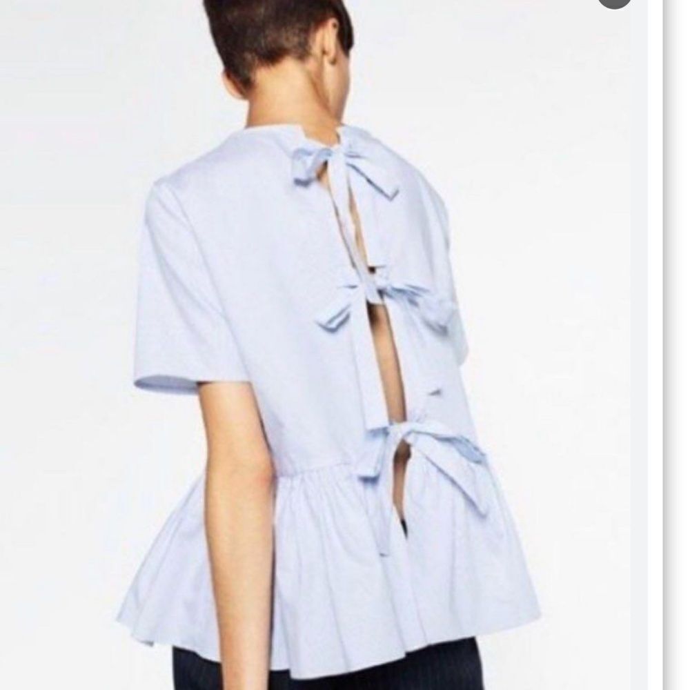 Zara top with tie knot back bow detail striped blue white Sz Small